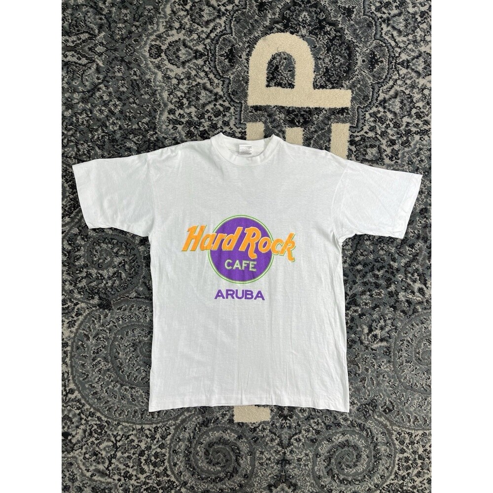 Vintage 90s Mens Hard Rock Cafe Aruba T Shirt Single Stitch White Size Medium